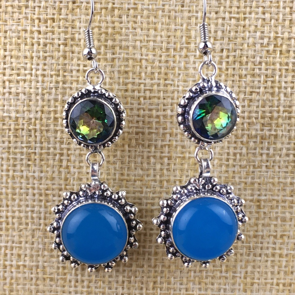 New Mystic Topaz Stone Silver Overlay Hook Dangle Earrings - Picture 1 of 8